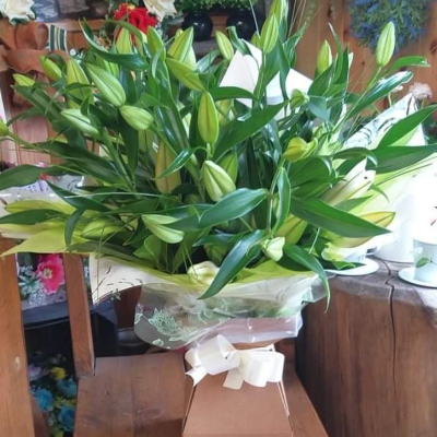 Luscious lilies - A beautiful arrangement handtied and presented in water choice of white or pink or both photo shown is large size for a guideline