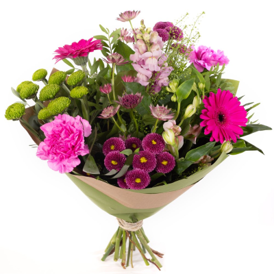 Pink Fusion - Bold, bright, and beautifully balanced — Pink Fusion is a lively celebration of colour. With its mix of vibrant pink and purple tones complemented by fresh greenery, this bouquet is perfect for marking special occasions or simply adding joy to everyday moments.