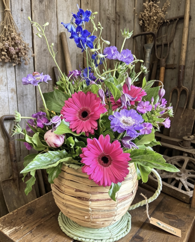 English country charm - Beautiful country cottage style blooms arranged in a rustic teacup seasonal flowers will be used to create this design