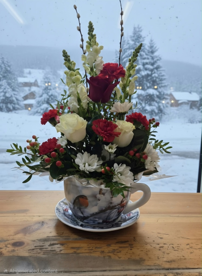 Cup of Christmas kindness - A beautiful ceramic cup and saucer arrangement of fresh winter blooms flowers and colours can vary please specify in special instructions for colouration