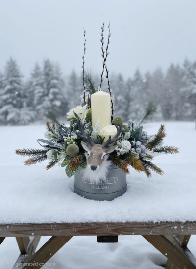 Artificial stag arrangement - A selection of artificial Xmas flowers with beautiful stags head hatbox arrangement